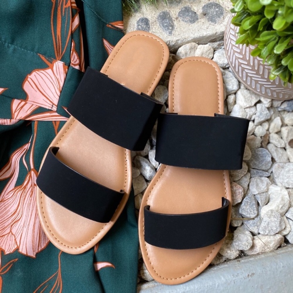 Black NuBuck double band slides sandals